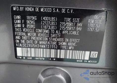 2021 Honda Hr-V 2Wd Lx from USA, damaged, VIN 3CZRU5H34MM731552